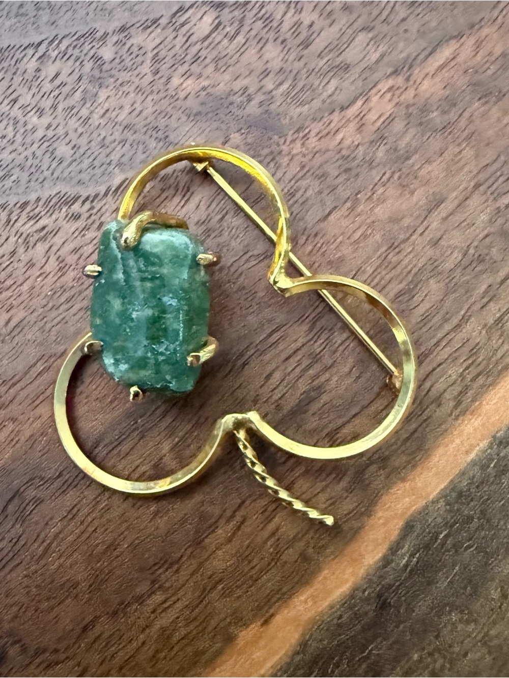Vintage Sterling Silver with Gold Vermeil Wash Brooch with Raw Green Stone